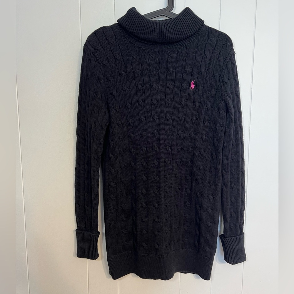 Ralph Lauren Sport Black With Pink Pony Cable Knit Turtleneck Sweater Sz‎ M